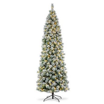 Glitzhome 9ft Pre-Lit Artificial Christmas Tree, Flocked Pencil Pine Decorative Tree