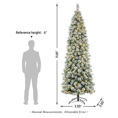 Glitzhome 9ft Pre-Lit Artificial Christmas Tree, Flocked Pencil Pine Decorative Tree