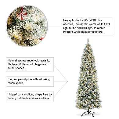 Glitzhome 9ft Pre-Lit Artificial Christmas Tree, Flocked Pencil Pine Decorative Tree