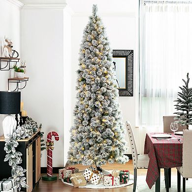 Glitzhome 9ft Pre-Lit Artificial Christmas Tree, Flocked Pencil Pine Decorative Tree