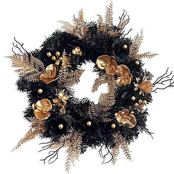 Black and Bronze Elegantly Goth 20" Wreath, Premium Gold Door Decoration with Floral Orchids