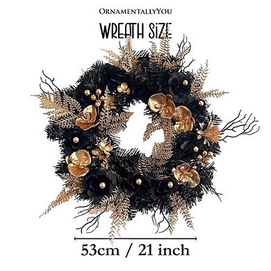 Black and Bronze Elegantly Goth 20" Wreath, Premium Gold Door Decoration with Floral Orchids