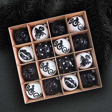 Creepy Boo Assorted 16 Piece Black and White Ornament Bundle, Monochrome 3" Halloween Bauble Set