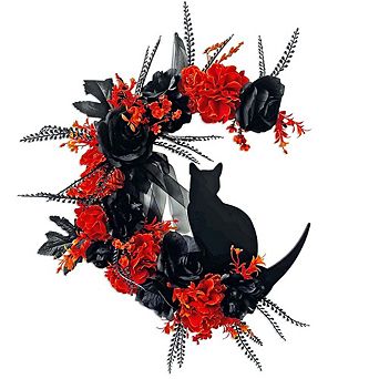 Crescent Moon Floral Black Cat Wreath, 20" Black and Orange Halloween Door Decoration