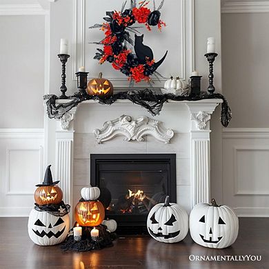 Crescent Moon Floral Black Cat Wreath, 20" Black and Orange Halloween Door Decoration