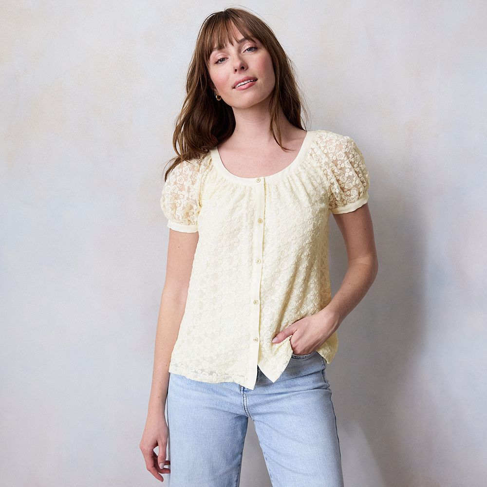 Petite LC Lauren Conrad Puff Sleeve Lace Blouse
