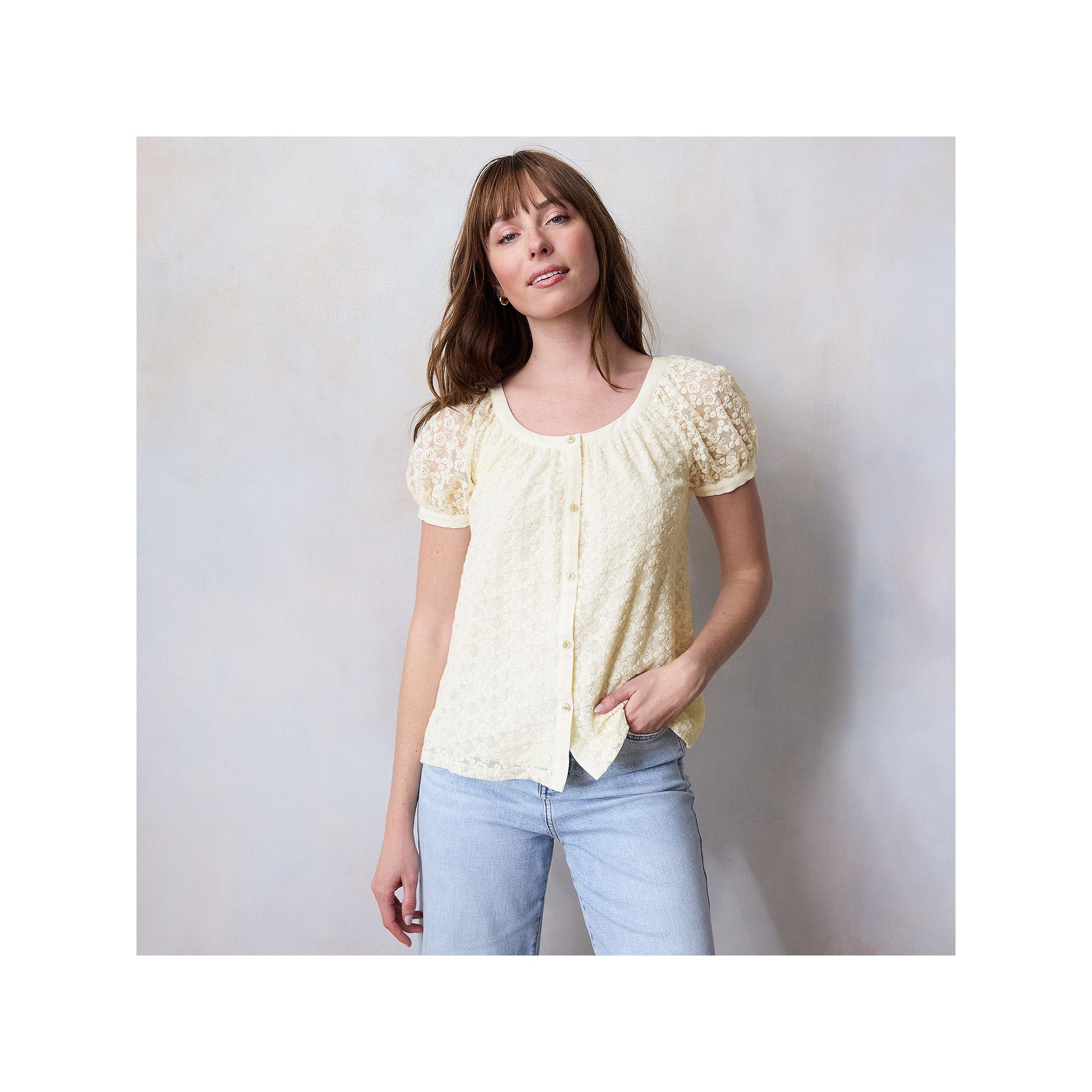Petite LC Lauren Conrad Puff Sleeve Lace Blouse, Womens, Size: XL Petite, 