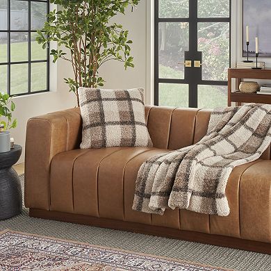 Mina Victory Faux Curly Sherpa Plaid Throw Blanket