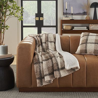 Mina Victory Faux Curly Sherpa Plaid Throw Blanket