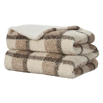 Mina Victory Faux Curly Sherpa Plaid Throw Blanket