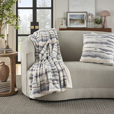 Mina Victory Faux Fur Jacquard Abstract Striped Throw Blanket