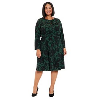 Plus Size London Times Pleated Keyhole Long Sleeve Fit & Flare Dress
