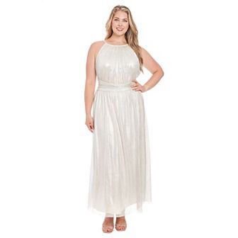 Plus Size London Times Ruched Halter Neck Shimmer Maxi Dress