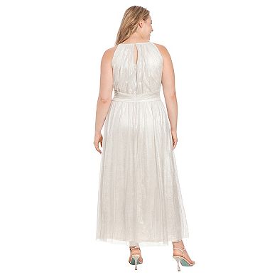 Plus Size London Times Ruched Halter Neck Shimmer Maxi Dress