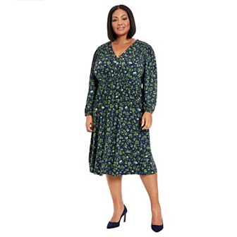 Plus Size London Times V-Neck Smocked Bishop Sleeve Midi Dress