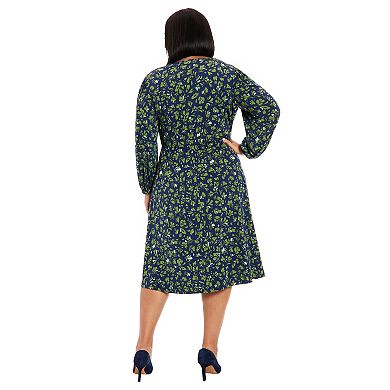 Plus Size London Times V-Neck Smocked Bishop Sleeve Midi Dress