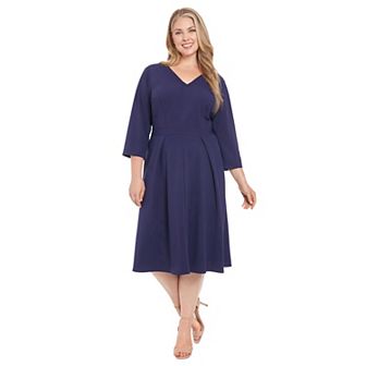 Plus Size London Times V-Neck Tuck Front Fit & Flare Dress