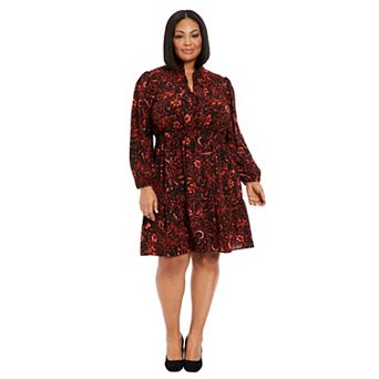 Plus Size London Times Split Neck Bishop Sleeve Tiered Skirt Dress