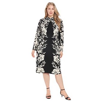 Plus Size London Times Criss Cross Neck Long Sleeve Sheath Midi Dress