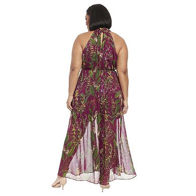 Plus Size London Times Ruched Collar Halter Neck Wide Leg Jumpsuit