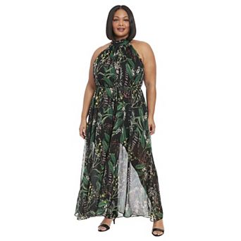 Plus Size London Times Ruched Collar Halter Neck Wide Leg Jumpsuit