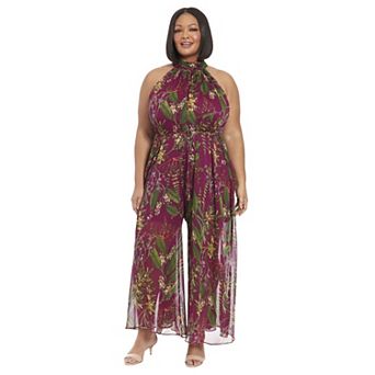 Plus Size London Times Ruched Collar Halter Neck Wide Leg Jumpsuit