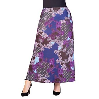 Plus Size 24Seven Comfort Apparel Purple Paisley Print Elastic Waist A-Line Maxi Skirt