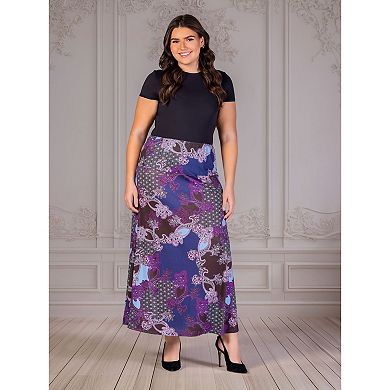 Plus Size 24Seven Comfort Apparel Purple Paisley Print Elastic Waist A-Line Maxi Skirt