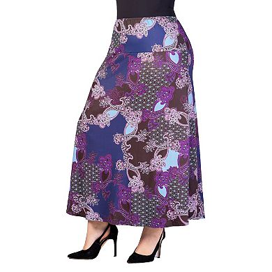 Plus Size 24Seven Comfort Apparel Purple Paisley Print Elastic Waist A-Line Maxi Skirt