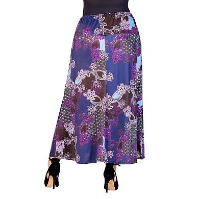 Plus Size 24Seven Comfort Apparel Purple Paisley Print Elastic Waist A-Line Maxi Skirt