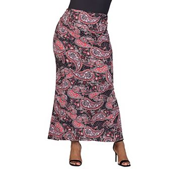 Plus Size 24Seven Comfort Apparel Paisley Print Fold Over Waist Maxi Skirt