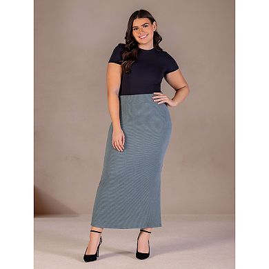 Plus Size 24Seven Comfort Apparel Ribbed Knit Side Slit Elastic Waist Maxi Skirt