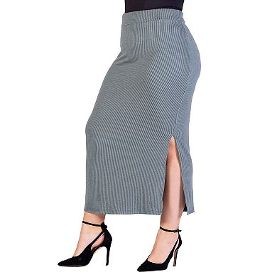 Plus Size 24Seven Comfort Apparel Ribbed Knit Side Slit Elastic Waist Maxi Skirt