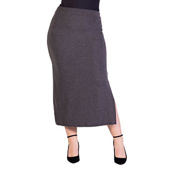 Plus Size 24Seven Comfort Apparel Ribbed Knit Side Slit Elastic Waist Maxi Skirt
