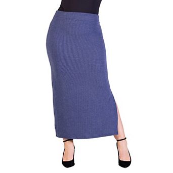 Plus Size 24Seven Comfort Apparel Ribbed Knit Side Slit Elastic Waist Maxi Skirt