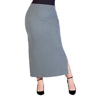 Plus Size 24Seven Comfort Apparel Ribbed Knit Side Slit Elastic Waist Maxi Skirt