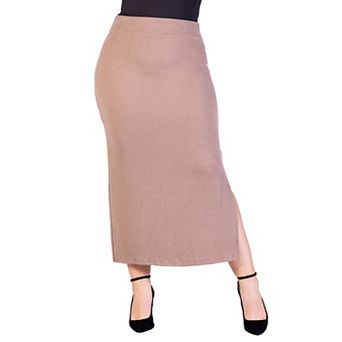 Plus Size 24Seven Comfort Apparel Ribbed Knit Side Slit Elastic Waist Maxi Skirt