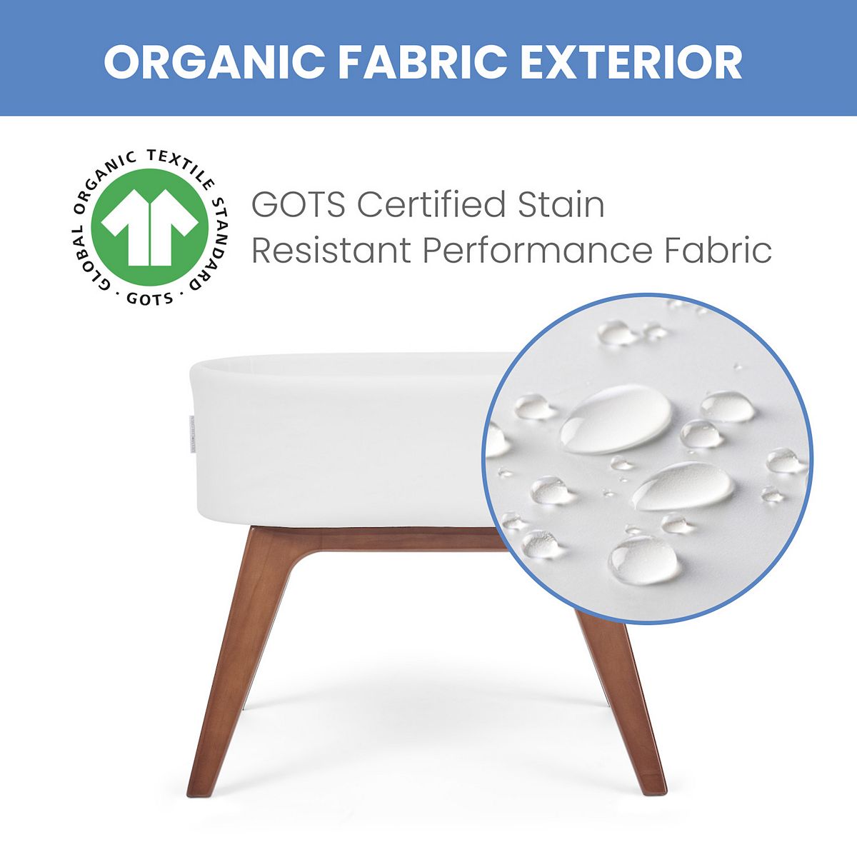 White bassinet with stain-resistant performance fabric feature