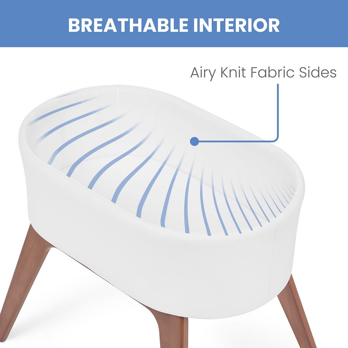 White bassinet with breathable knit fabric sides feature
