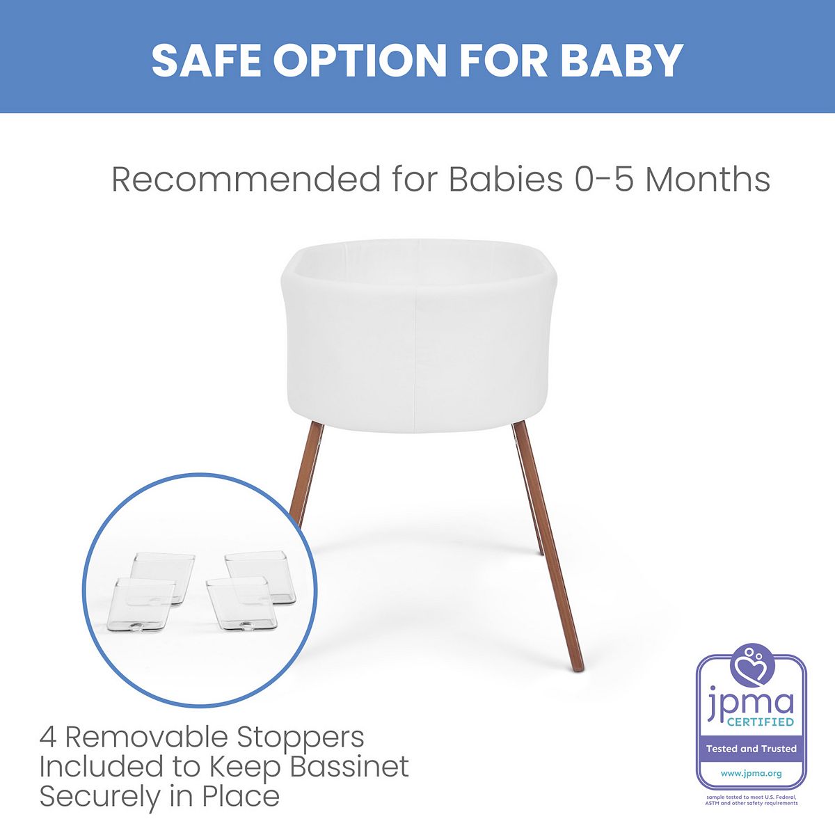 White bassinet with removable stoppers feature