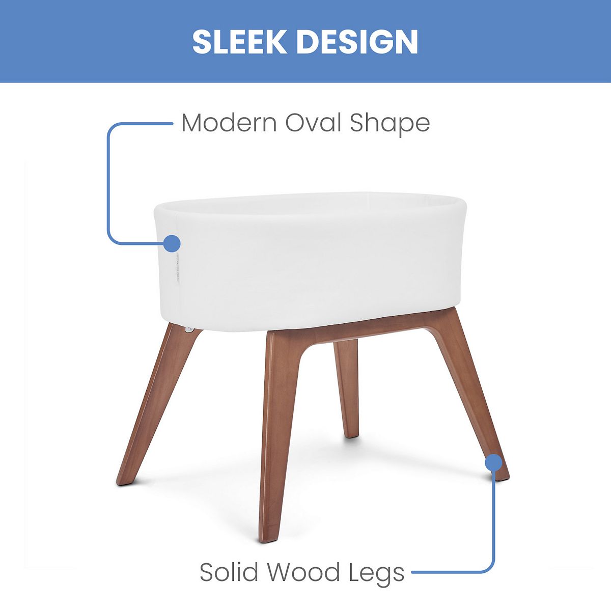 White oval bassinet with solid wood legs feature