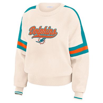 Women's WEAR by Erin Andrews Cream Miami Dolphins Stripe Pullover Sweater