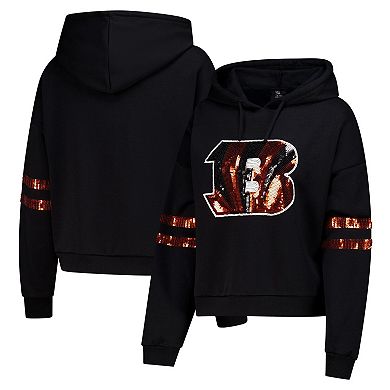 Women's Cuce Black Cincinnati Bengals Cropped Sequins Pullover Hoodie