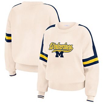 Women's WEAR by Erin Andrews Cream Michigan Wolverines Chenille Woven Patch Stripe Pullover Sweater