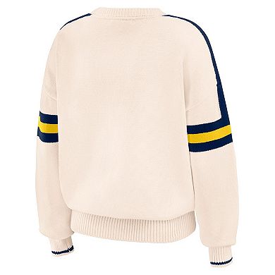Women's WEAR by Erin Andrews Cream Michigan Wolverines Chenille Woven Patch Stripe Pullover Sweater