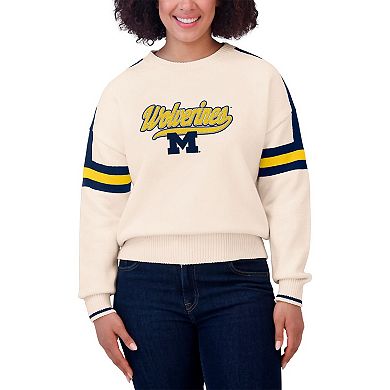 Women's WEAR by Erin Andrews Cream Michigan Wolverines Chenille Woven Patch Stripe Pullover Sweater