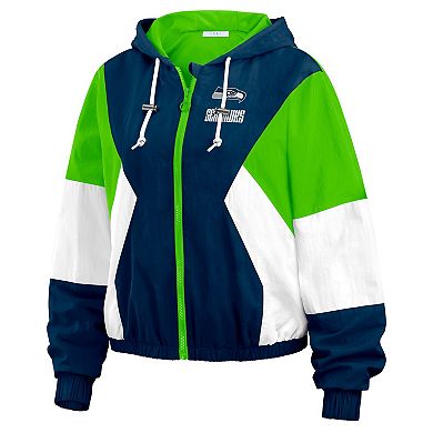 Women's WEAR by Erin Andrews College Navy/Neon Green Seattle Seahawks Plus Size Color Block Full-Zip Windbreaker Jacket