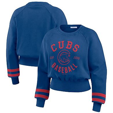 Women's WEAR by Erin Andrews Royal Chicago Cubs Vintage Washed Cropped Pullover Sweatshirt