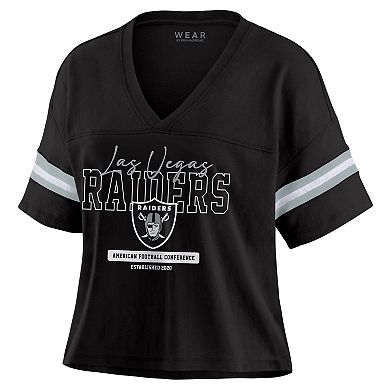 Women's WEAR by Erin Andrews Black Las Vegas Raiders Color Block Boxy Modest Crop V-Neck T-Shirt