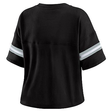 Women's WEAR by Erin Andrews Black Las Vegas Raiders Color Block Boxy Modest Crop V-Neck T-Shirt